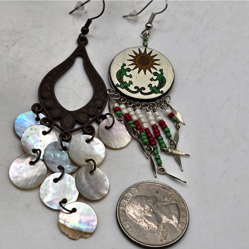 "5/$25" Mismatched Ethnic Dragon Lizard Brass Shell Bead Dangle Earrings - Picture 4 of 9